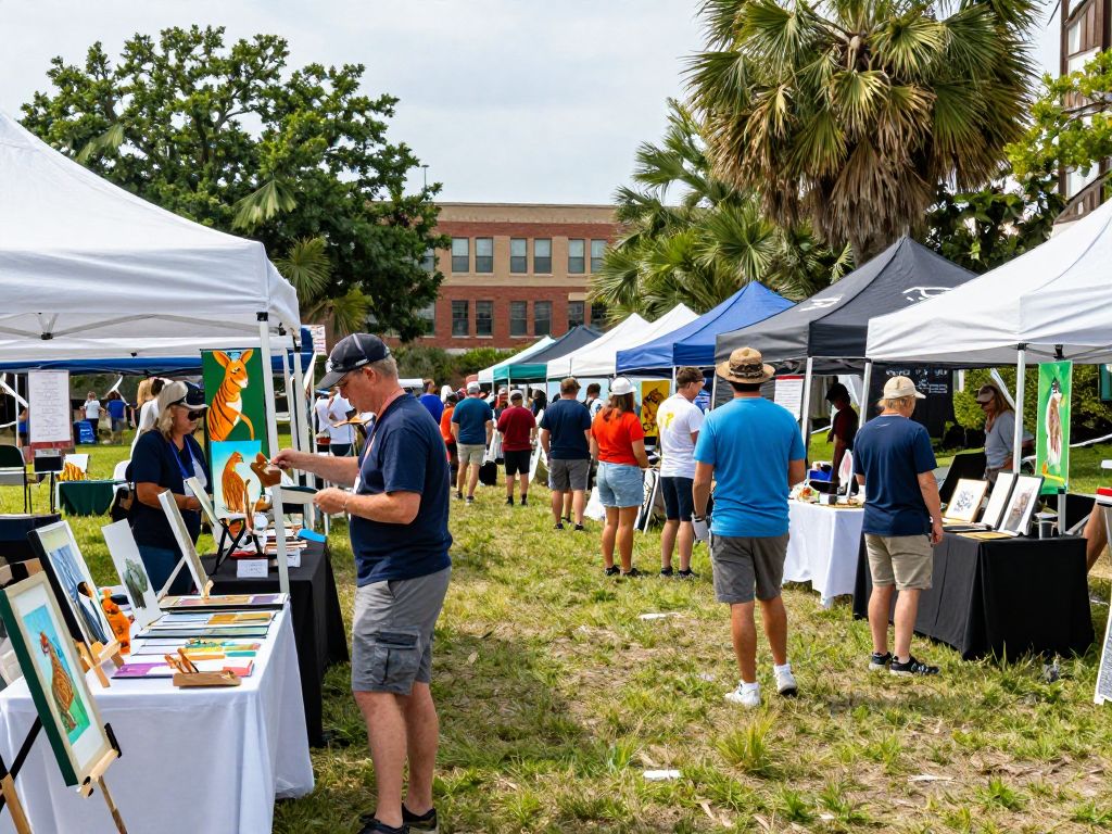 People attending the Southeastern Wildlife Exposition with wildlife art displays in downtown Charleston.