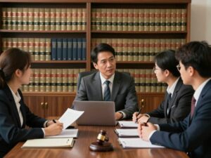 Legal professionals in a vibrant office setting discussing strategies.