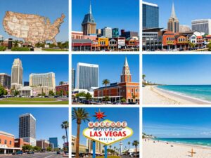 Collage of vibrant scenes from top U.S. travel destinations for entrepreneurs.