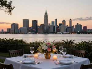A beautifully set table for Valentine's Day dinner in Charleston.