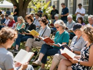 Community members gathering at the Wild Dunes Author Event in Charleston, promoting literacy.