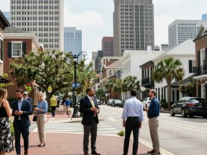 A vibrant scene of Charleston showcasing business travelers in the city.