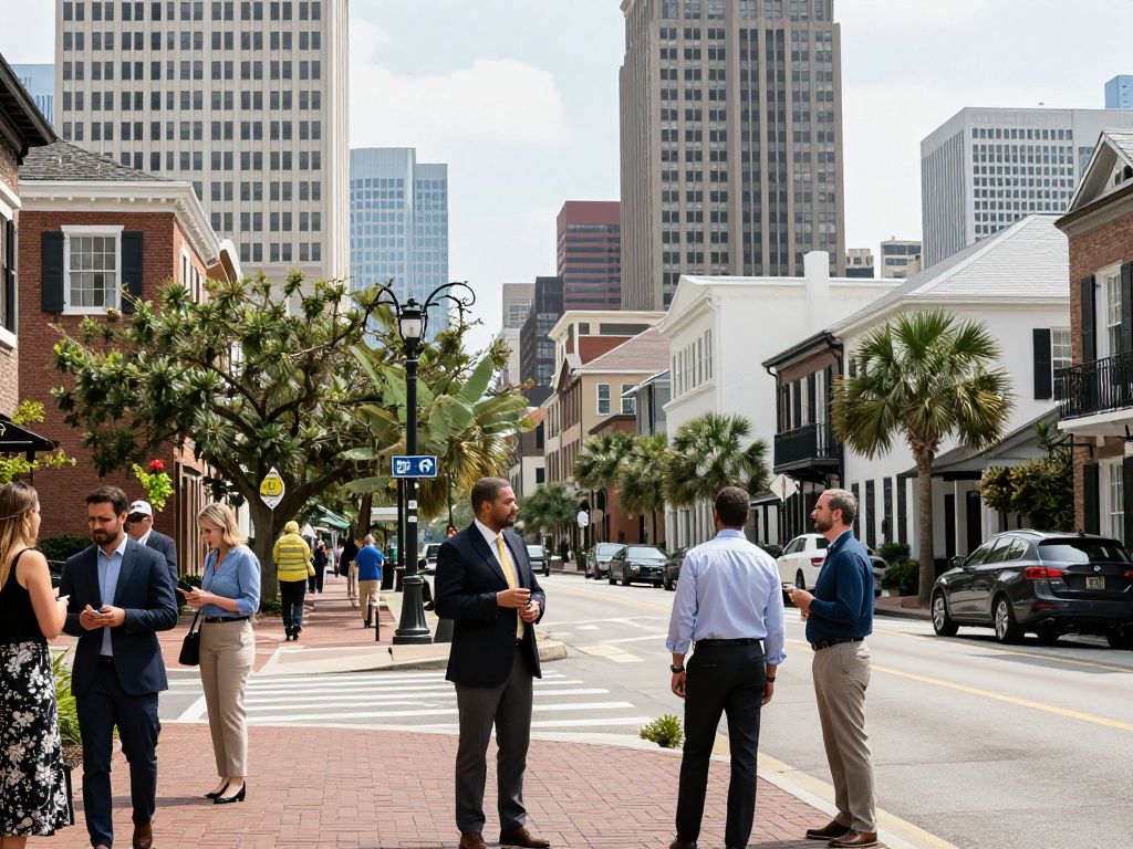 A vibrant scene of Charleston showcasing business travelers in the city.