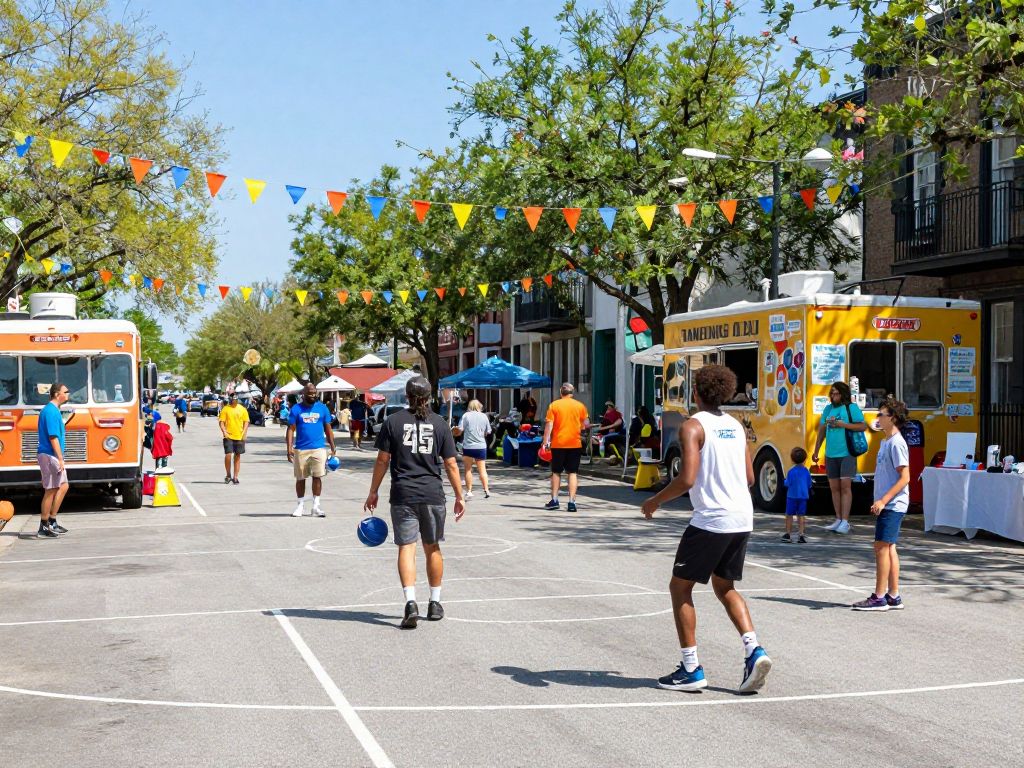 A lively community event in Charleston with streetball, food trucks, and families.