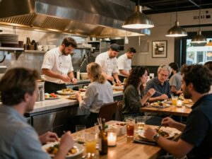 Chefs working in a busy Charleston restaurant.