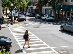 Intersection in Charleston with crosswalk and traffic