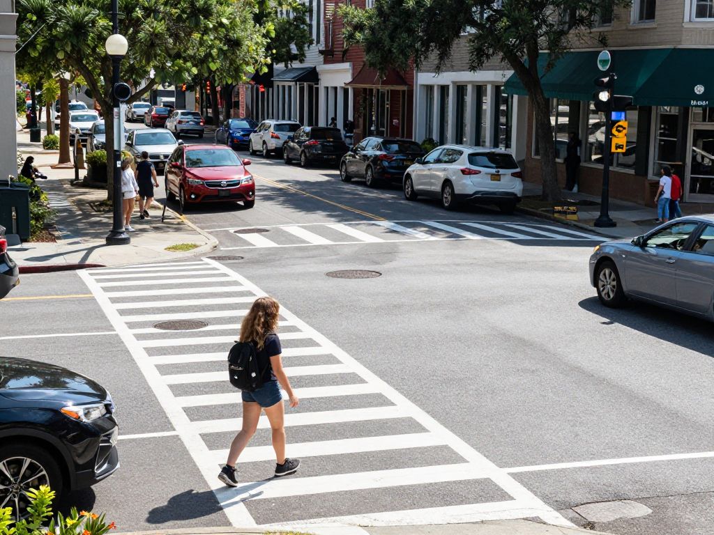 Intersection in Charleston with crosswalk and traffic