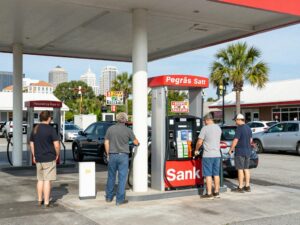 Gas station in Charleston with prices displayed prominently.