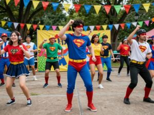 Scene from the Inclusive Superhero Dance Party showing diverse people dancing and celebrating.