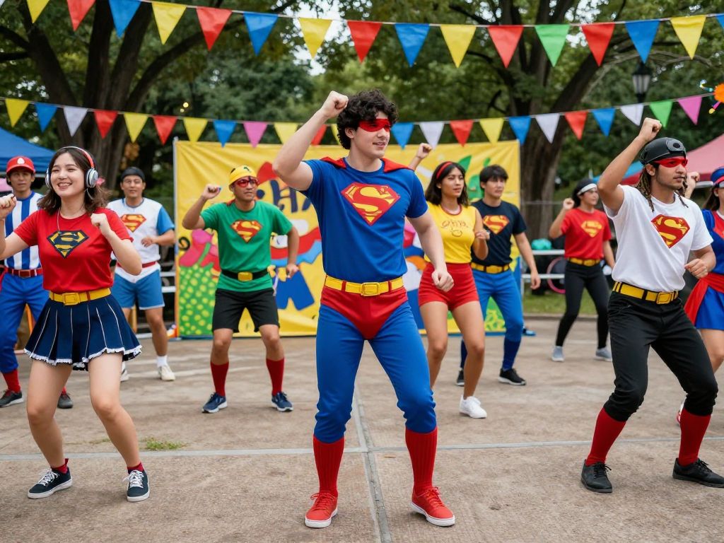 Scene from the Inclusive Superhero Dance Party showing diverse people dancing and celebrating.