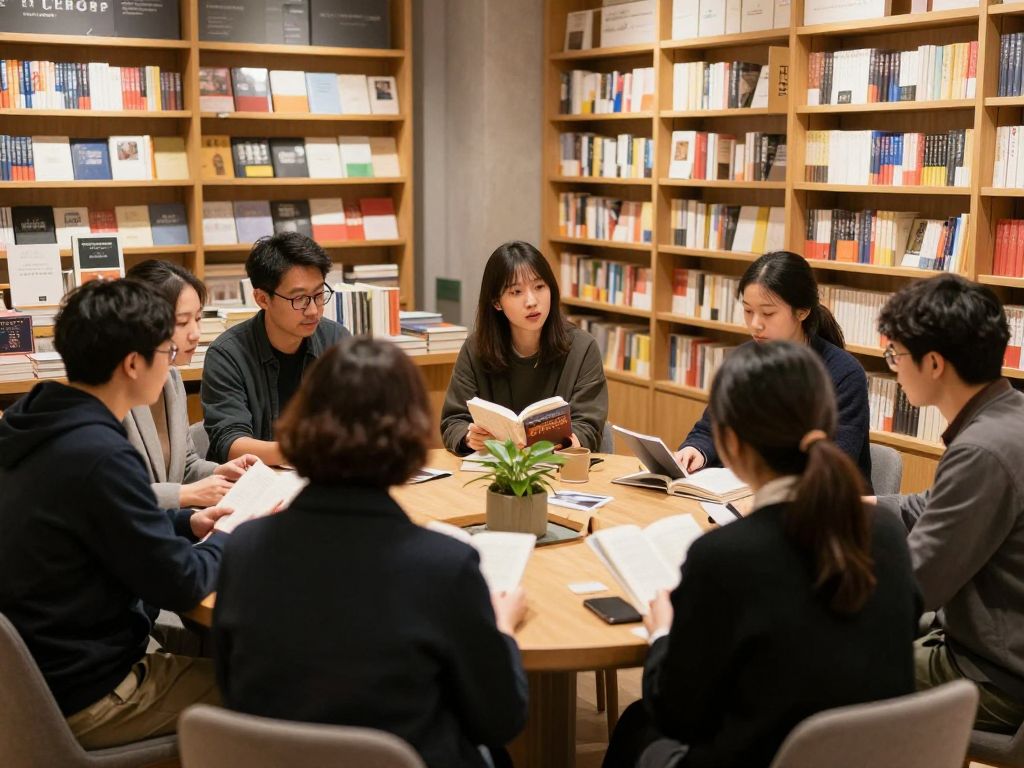 A lively book discussion at an independent bookstore featuring community members.
