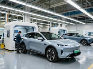 Workers assembling Polestar 3 electric SUVs at Volvo's Ridgeville manufacturing facility