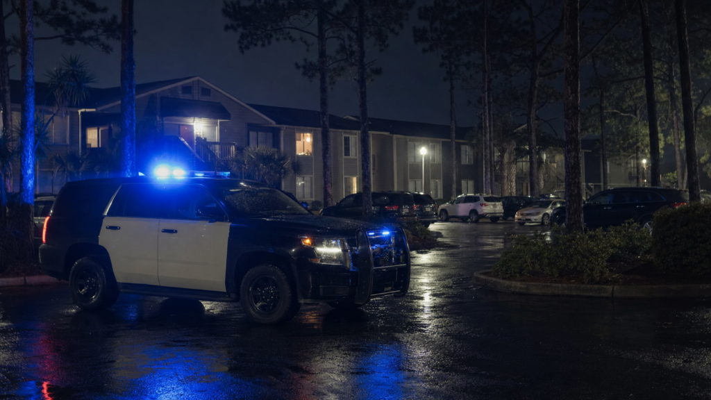 South Carolina sheriff patrol SUV with blue lights on outside a Lowcountry apartment complex at night