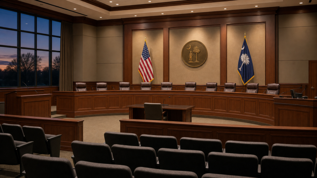 Empty South Carolina school district board of trustees chamber with U.S. and S.C. flags flanking a state seal