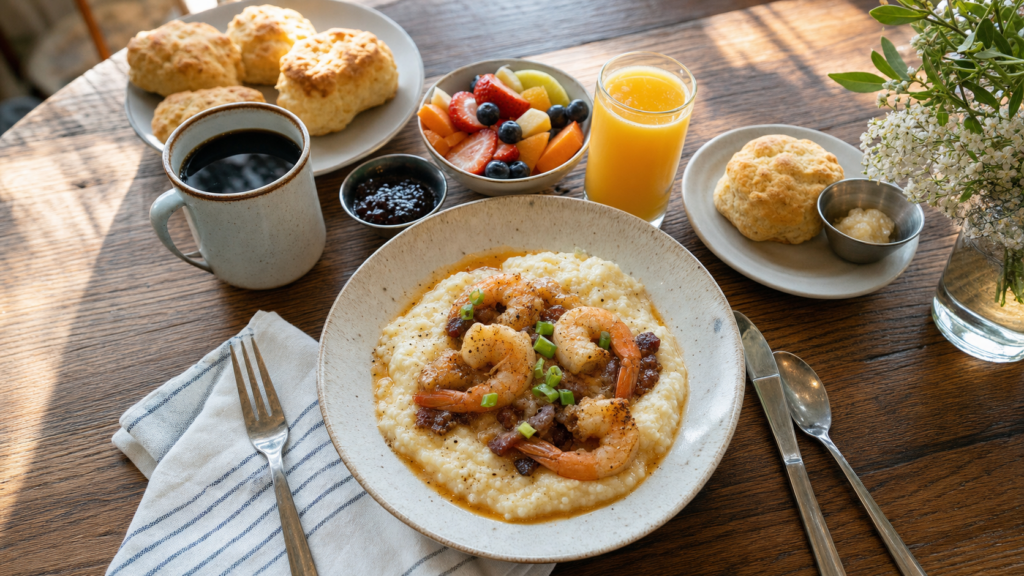 Southern brunch table with shrimp and grits, biscuits, coffee and fresh fruit