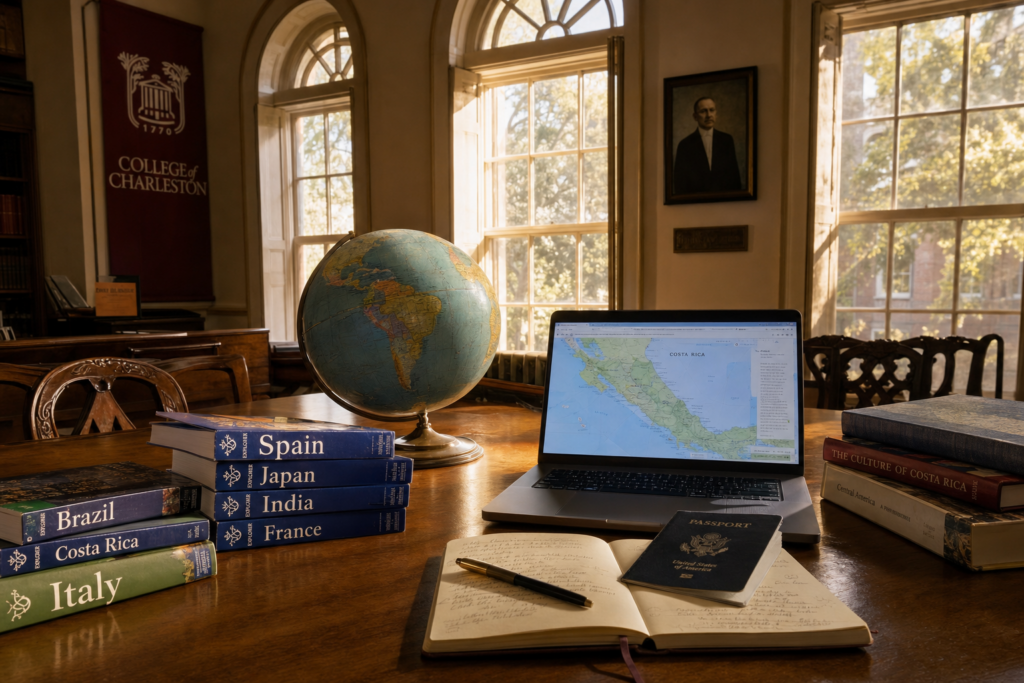 Historic College of Charleston reading room with globe, passport and international guidebooks on a table