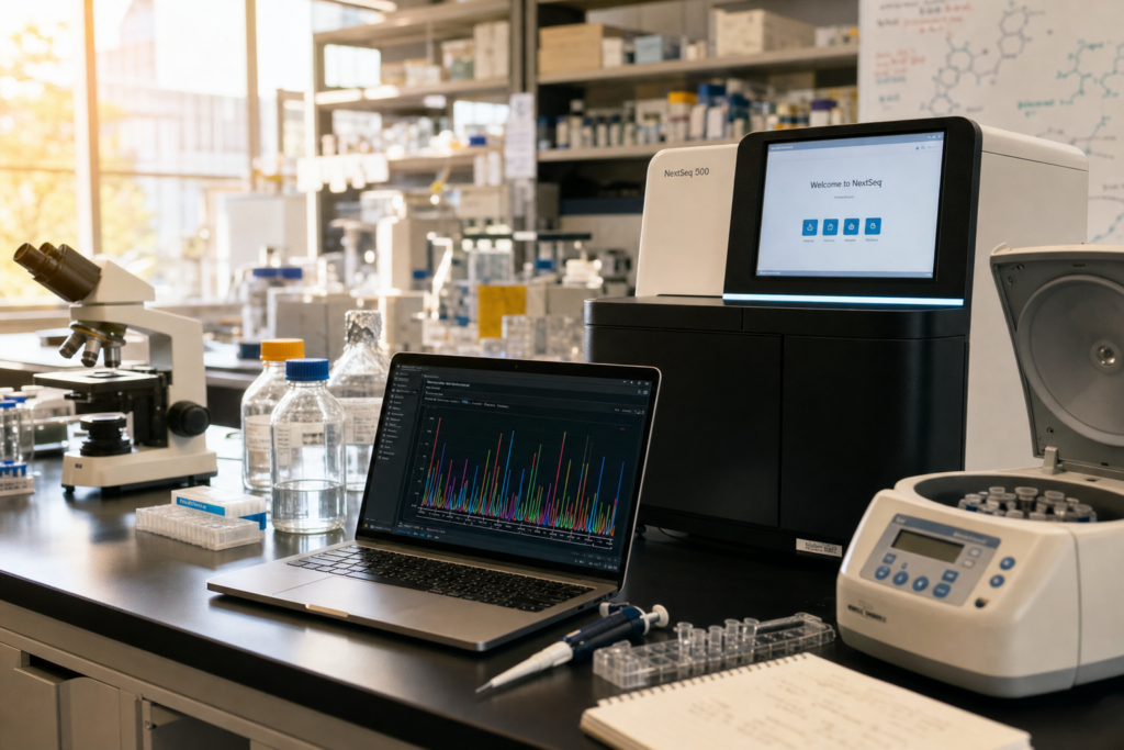 Modern university biology laboratory with DNA sequencing machine and data visualization on a laptop