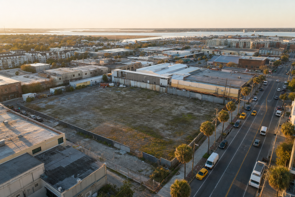 Aerial view of a vacant parcel on Morrison Drive Charleston with harbor visible