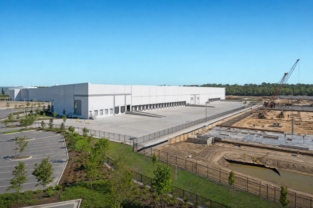 Modern rear-load industrial warehouse in North Charleston with adjacent construction site