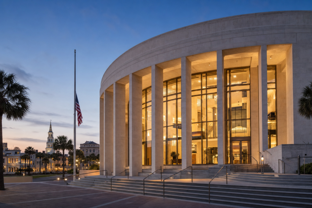 Charleston Gaillard Center exterior at blue hour with flag at half staff
