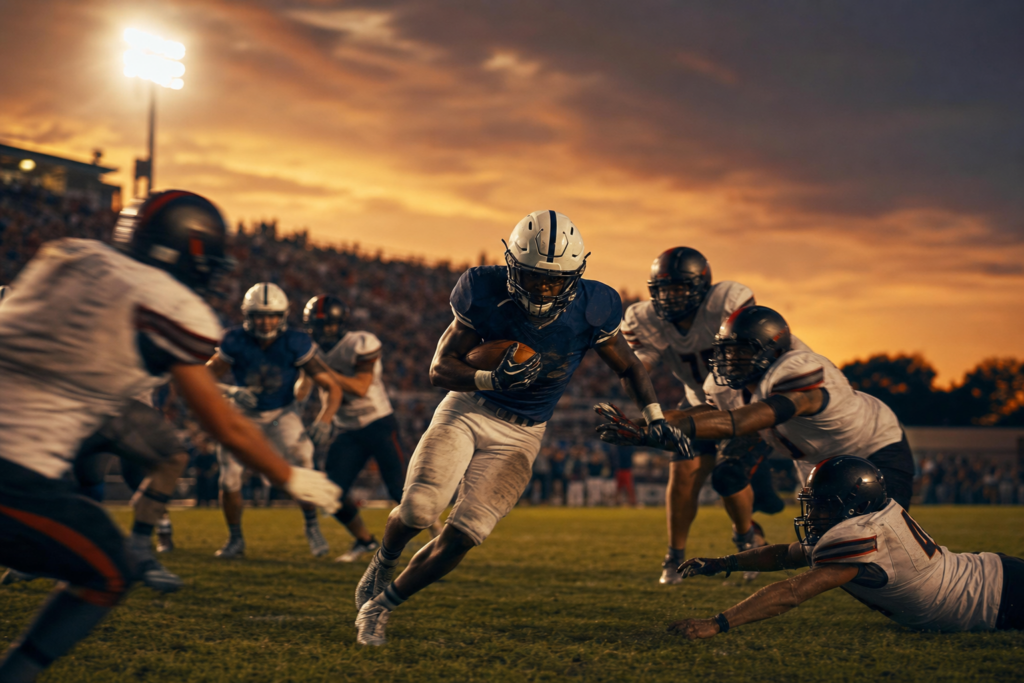 College football running back breaking through the defensive line under stadium lights