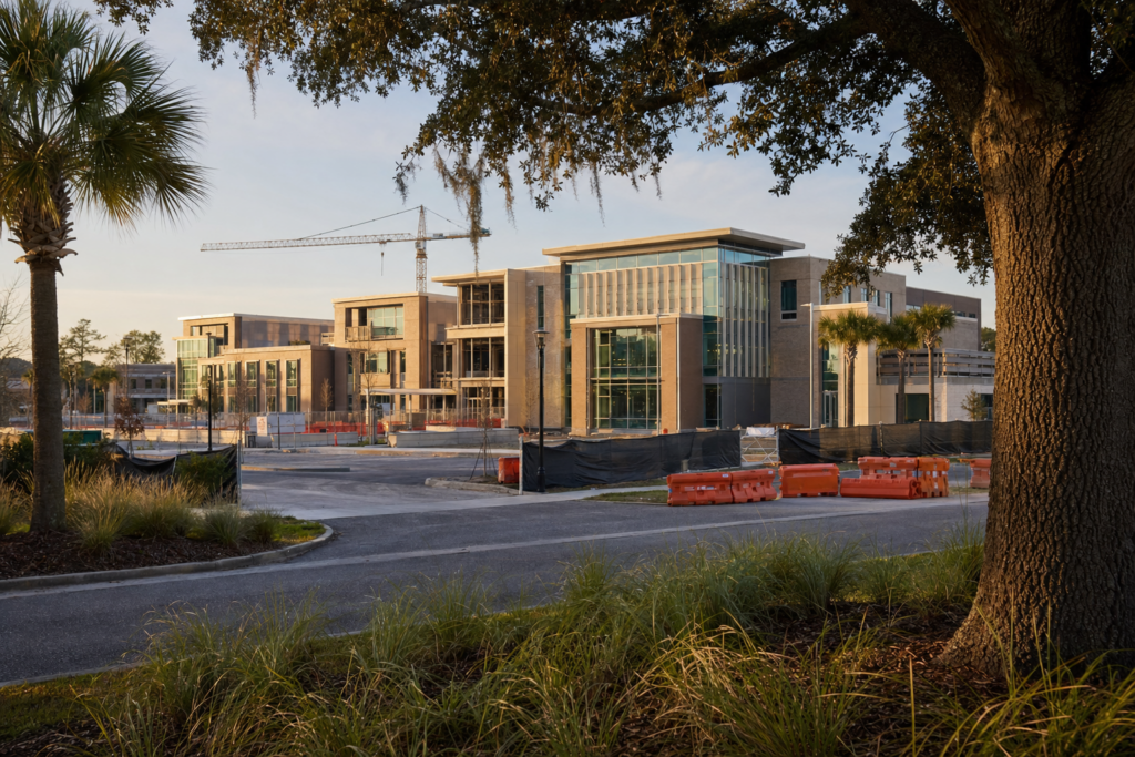 Modern mid-sized municipal office complex under construction with a tower crane, framed by live oaks and palms in the Lowcountry