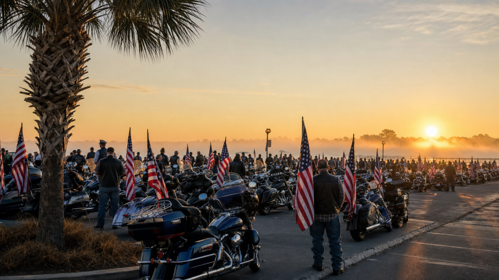 Motorcyclists with American flags stand beside their bikes at sunrise in a Lowcountry parking area
