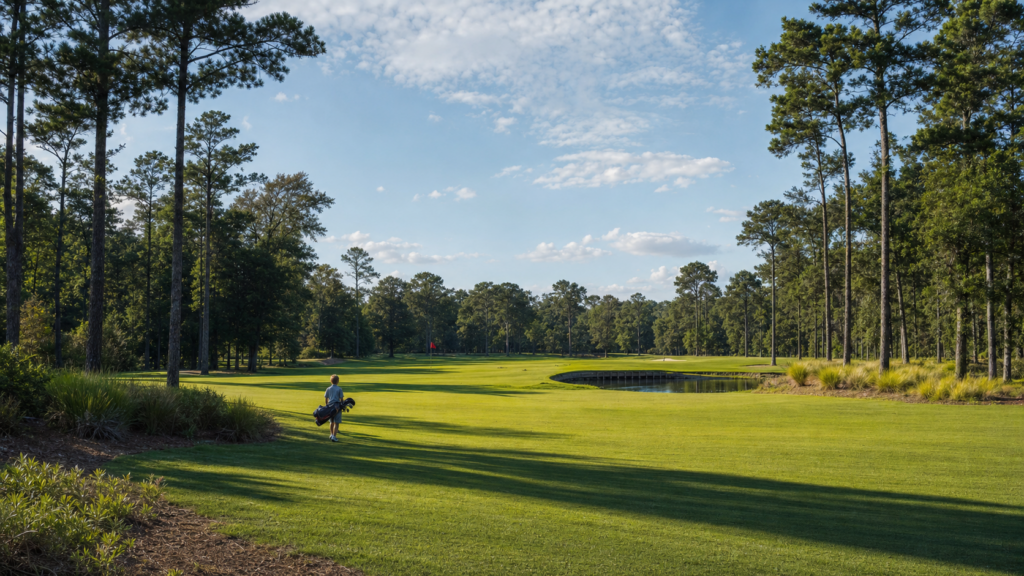 A tree-lined open fairway with a single distant red flag stick, an anonymized youth walking with a golf bag