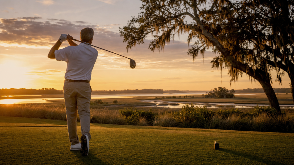 Golf professional finishes his swing on a coastal marsh course at sunset with a live oak overhead