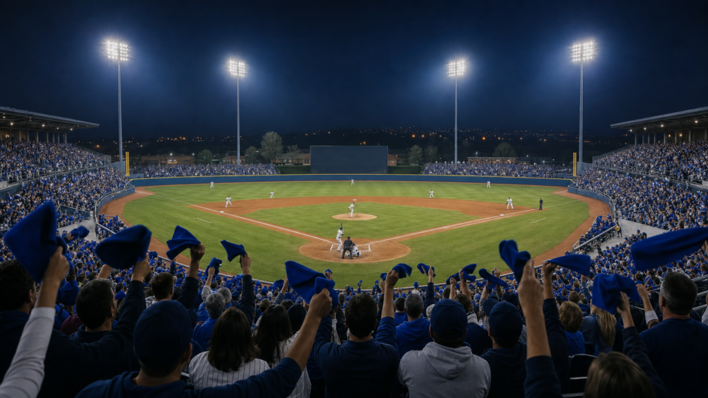 Fans wave blue rally towels behind home plate at a night minor league baseball game under stadium lights