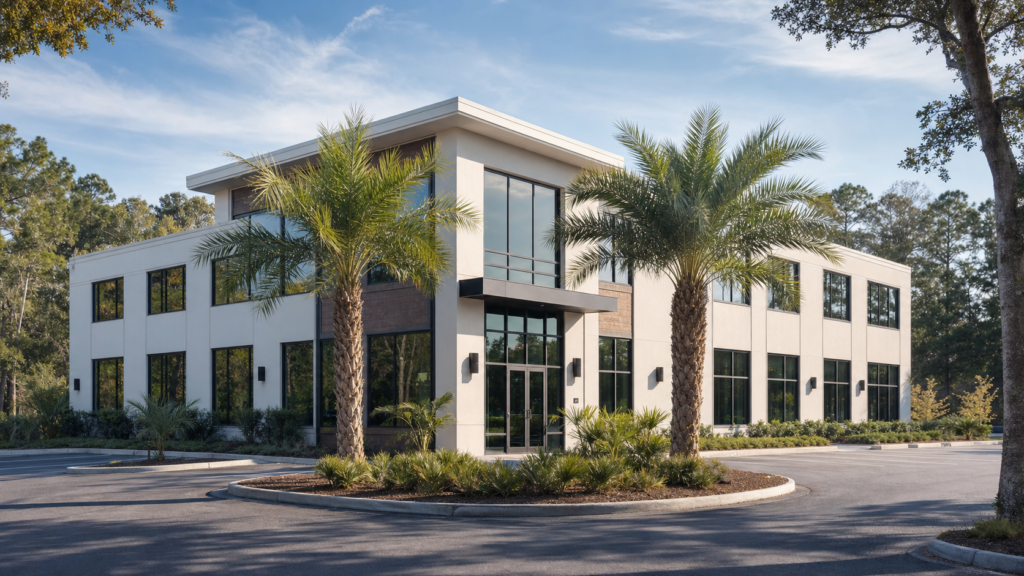 Modern two-story office building with palmetto trees at the entrance in a Lowcountry business park