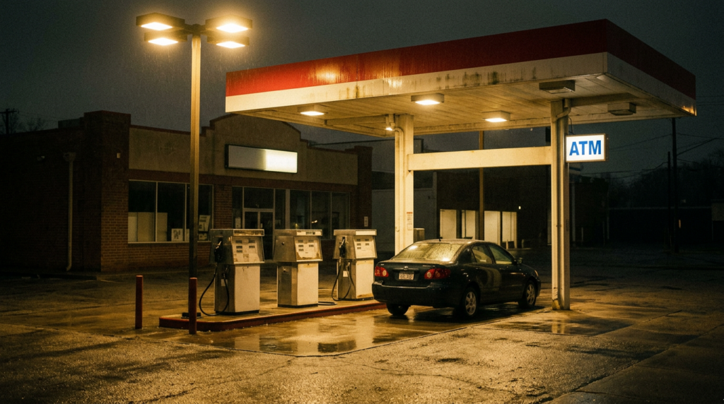 Empty gas station forecourt at night on a wet Dorchester Road