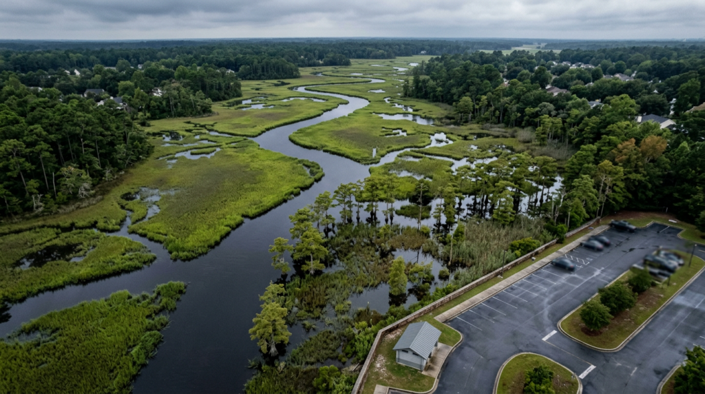 Aerial view of a Lowcountry tidal marsh and freshwater wetland beside a paved parking lot