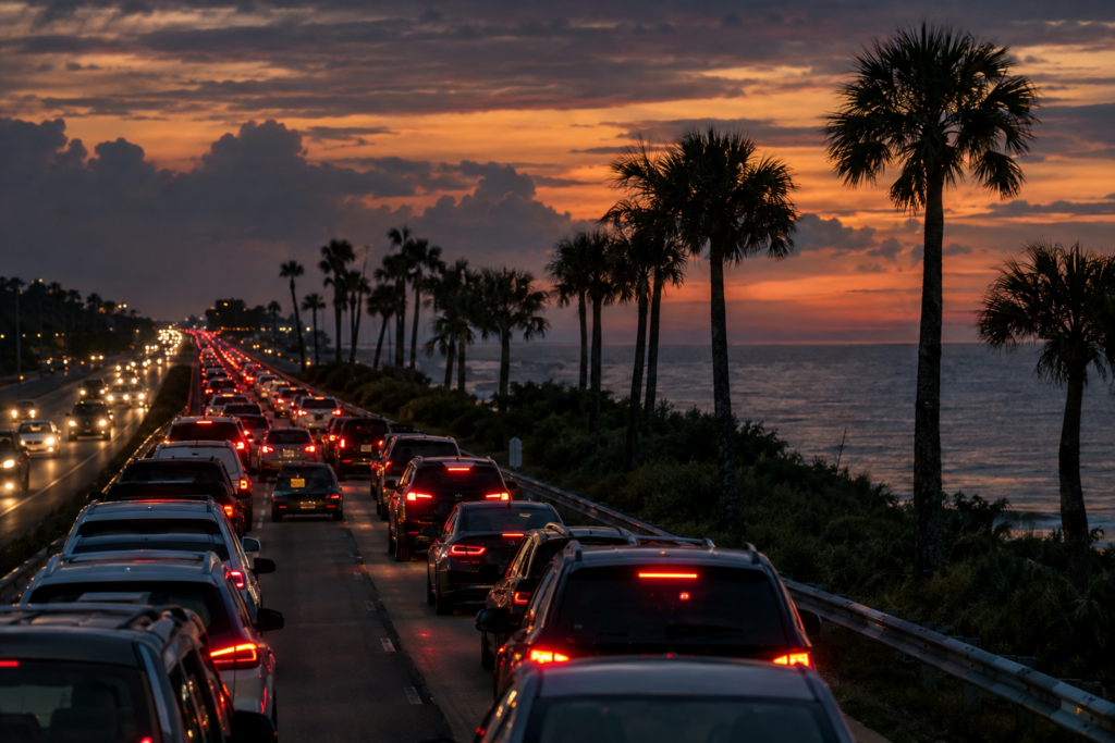 Lowcountry traffic congestion at sunset