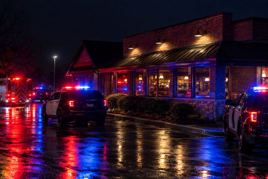 Emergency vehicles outside Summerville restaurant at night
