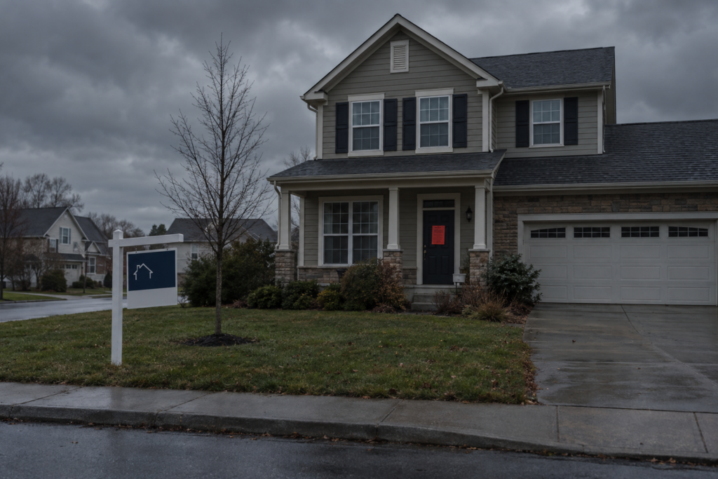Suburban house with foreclosure notice and for-sale sign