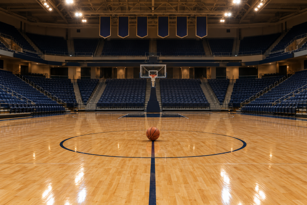 College basketball arena court