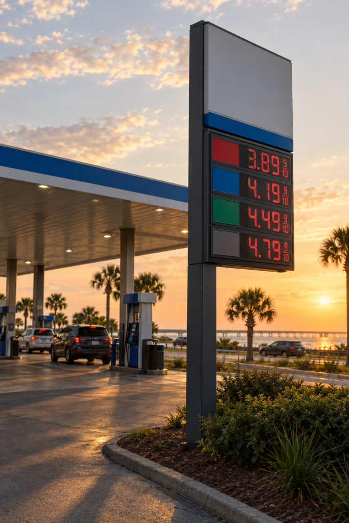 Gas station price sign lit at sunset