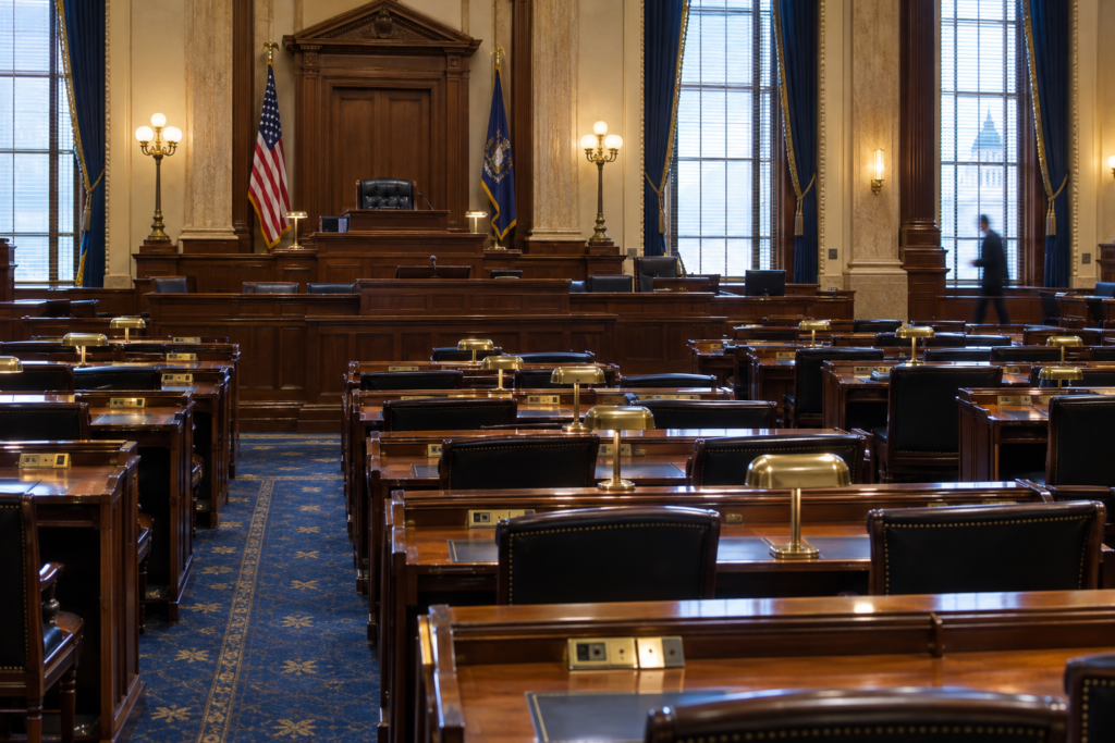 Empty legislative chamber interior