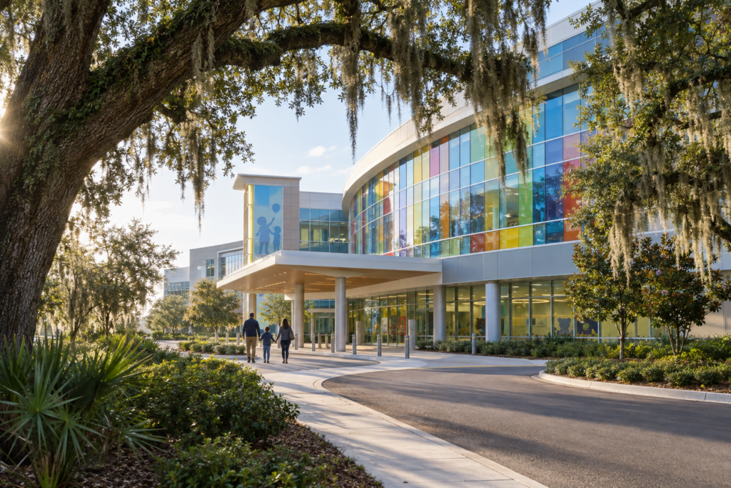 Modern children hospital exterior with colorful windows