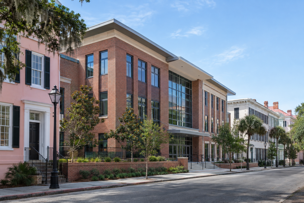 Exterior of a new brick middle school building in downtown Charleston