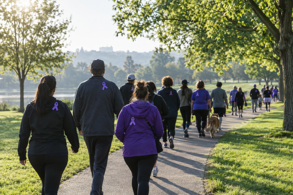 Silhouetted walkers wearing purple awareness ribbons on a park path