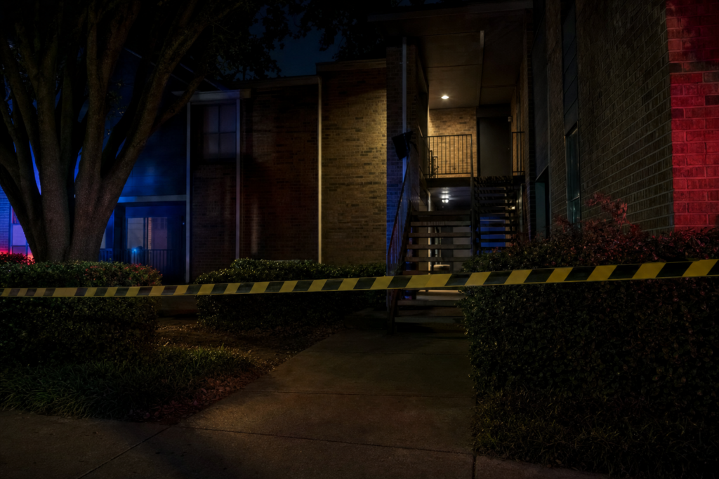 Nighttime scene at a suburban apartment complex with police tape stretched across a stairwell and blue and red emergency lights on brick facades