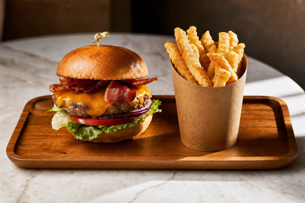Cheeseburger with lettuce, tomato, cheese and bacon on a bun beside a paper cup of crinkle-cut fries on a wooden serving tray