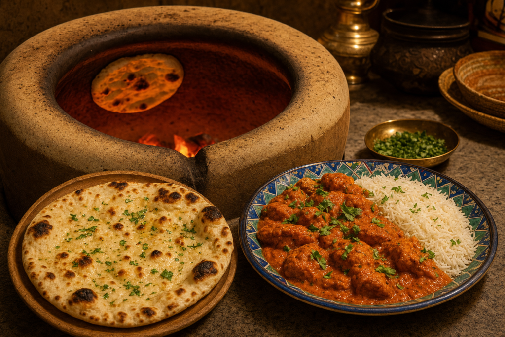 Traditional clay tandoor oven with glowing coals, freshly baked naan on a wooden board and a plate of chicken tikka masala with basmati rice