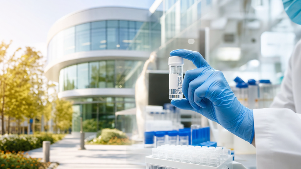 Gloved researcher hand holding a research vial with a modern medical research building in the background