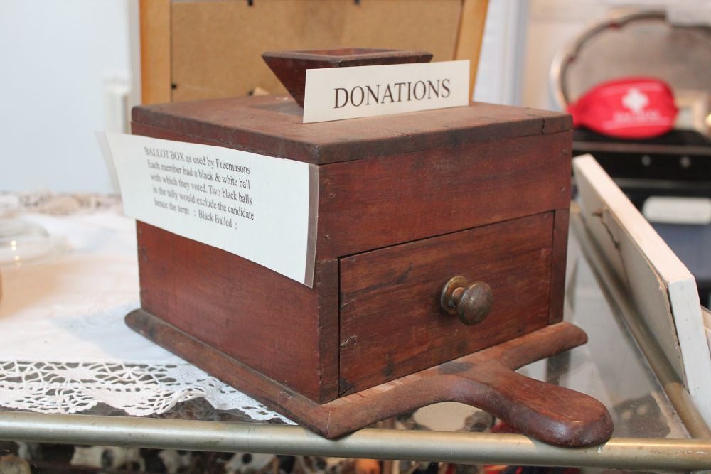 Wooden ballot box on display